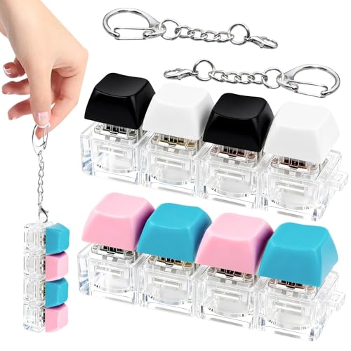 2 Pcs 4 in 1 Keyboard Fidget Toy Keychain, Clicky Button Toy Stress Relief Keychain with Swappable Keycaps, Mini Mechanical Key Fidget for Office Desk Focus Gifts (Blue Pink Black White) - color: Blue Pink Black White