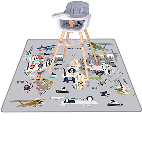 Splat Mat for Baby – Under High Chair Floor Mat Protects Wood, Vinyl and Carpet from Spills – Waterproof 4 Layer Baby Mat with Anti-Skid Backing Deters Bunching and Sliding (51” x 51”) - color: Animals World Map
