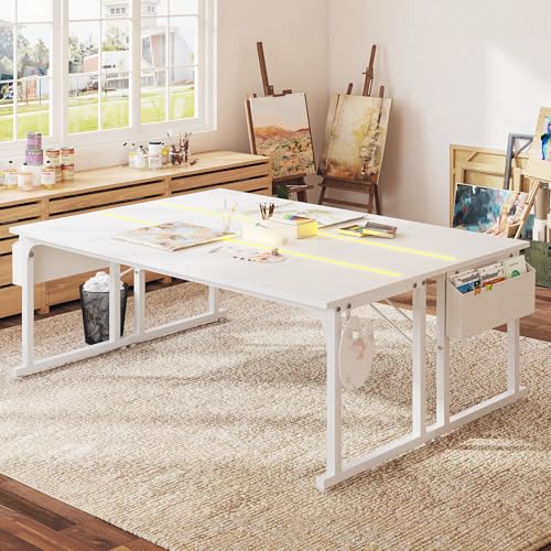 DurayLoly 71" Computer Desk LED Lights, Large Office Desk for 3 Monitors or 2 laptops,Long Desk with Storage Bag&Headphone Hook for Study Writing Work Gaming Desk,Sturdy Metal Frame,Bedroom,White - color: White, size: 71 Inch