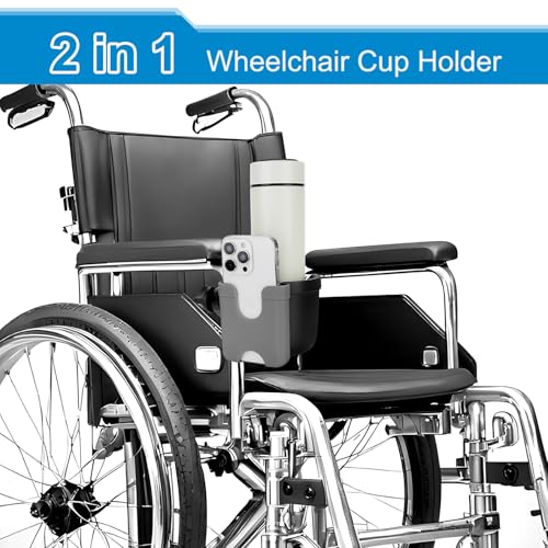 Accmor 2-in-1 Wheelchair Cup Holder, Walker Cup Holder with Phone Holder, Universal Drinks Holder for Stroller, Mobility Scooter, Rollator, Walker, Wheelchair Accessory - color: Black Grey