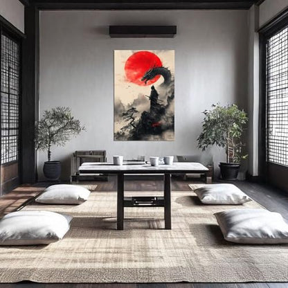 HQLLingArt Japanese Samurai Wall Art Picture Red Sun and Dragon with Samurai Poster Canvas Prints Modern Artwork Framed Ready to Hang(12''W x 16''H) - color: samurai art-18, size: 12"L x 16"W