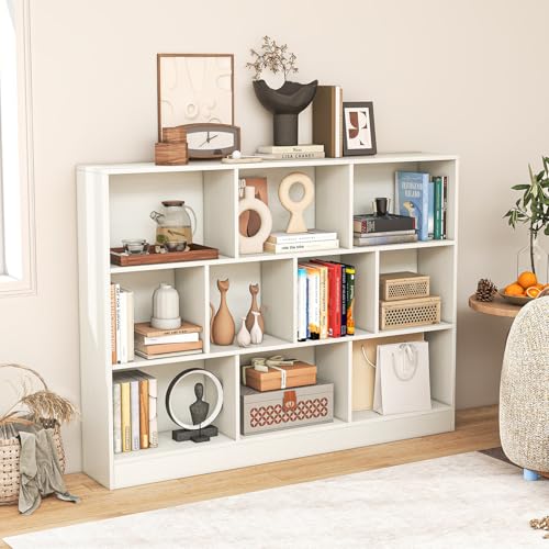 Giantex 10 Cube Bookcase, 4-Tier Freestanding Bookshelf w/ 10 Open Compartments, 2 Anti-Tipping Kits, Modern Display Cabinet, 41" Wood Cubby Storage Organizer for Living Room, Bedroom, White - color: White, size: 55" x 9.5" x 41"
