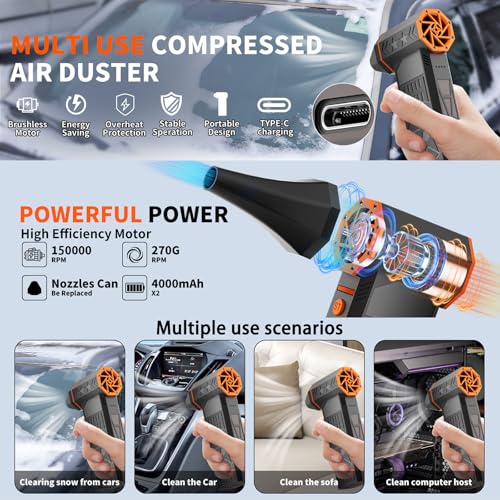 Electric Air Duster-150000RPM Super Power Cordless Air Duster, Rechargeable Brushless Motor Durable Blower, 3-Gear Adjustable Dust Blower for Computer, Keyboard, Outdoor, House and Car