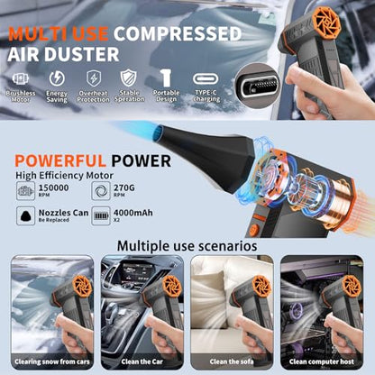 Electric Air Duster-150000RPM Super Power Cordless Air Duster, Rechargeable Brushless Motor Durable Blower, 3-Gear Adjustable Dust Blower for Computer, Keyboard, Outdoor, House and Car