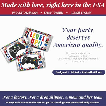 Game On! Video Gamer Birthday Party Mini Chocolate Candy Bar Sticker Wrappers for Kids, 45 1.4" x 2.6" Wrap Around Labels by AmandaCreation, Great for Party Favors