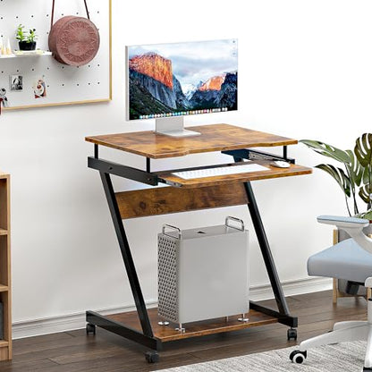 sogesfurniture Retro Computer Desk, Small Mobile Workstation with Keyboard Tray, Printer Shelf & Storage, 23.6x18.9x28.7 inches, Engineered Wood, for Home and Office - color: Retro