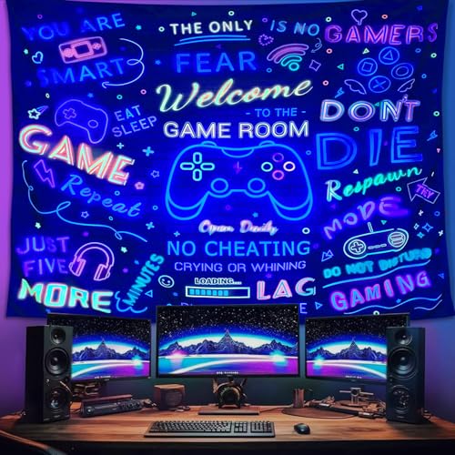 ARTCREATOR Black Light Gaming Tapestry, Welcome To The Game Room Sign For Gaming Room Wall Decor For Boys, Cool UV Reactive Tapestries Gaming Wall Decor for Bedroom (29" x 37") - color: colours, size: 37"L x 29"W