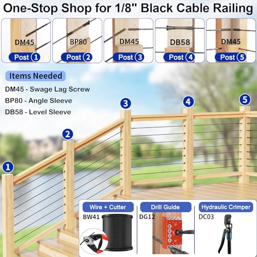 50 Pack Cable Railing Protector Sleeves for 1/8” Deck Railing System, Black Cable Railing Kit Hardware for Wood Post, T316 Stainless Steel Marine Grade DB58