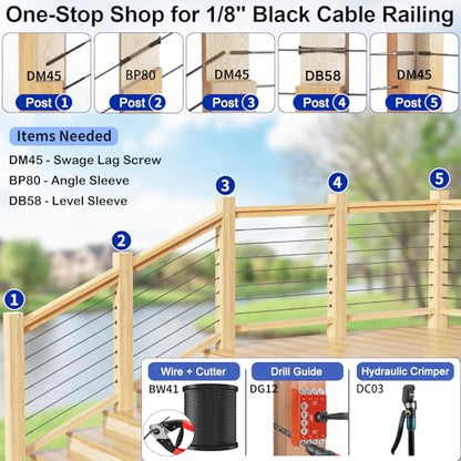 50 Pack Cable Railing Protector Sleeves for 1/8” Deck Railing System, Black Cable Railing Kit Hardware for Wood Post, T316 Stainless Steel Marine Grade DB58