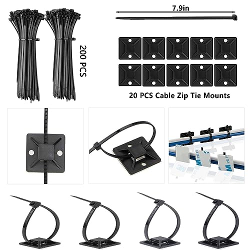 ELII 302PCS Cable Management Kit 4 Cable Sleeve,45Cable Clips,11Cable Holders,22 Roll Cable Organizer Straps and 200 Fastening Cable Ties,20 Cable Zip Tie Mounts Computer Under Desk (Black)