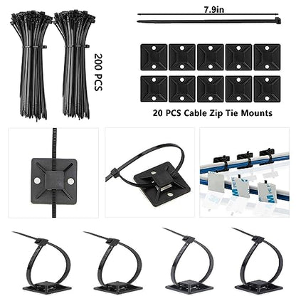 ELII 302PCS Cable Management Kit 4 Cable Sleeve,45Cable Clips,11Cable Holders,22 Roll Cable Organizer Straps and 200 Fastening Cable Ties,20 Cable Zip Tie Mounts Computer Under Desk (Black)