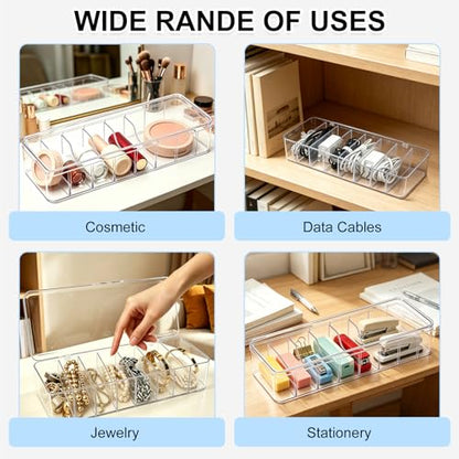 Cheardia 4 Pack Cable Organizer Box with Wire Ties, 2 Style Plastic Cord Storage Box, 10 In Adjustable Clear Charger Organizer with Lid for Electronics Office Home Desk Accessories
