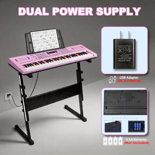 Keyboard Piano 61 Lighted Keys, Electric Keyboard Kit with 100 Voices, 100 Rhythms - Built-In Speaker, Microphone, Sheet Stand and Power Supply, Gift for Children Beginners [Pink, Piano with Stand] - color: Pink
