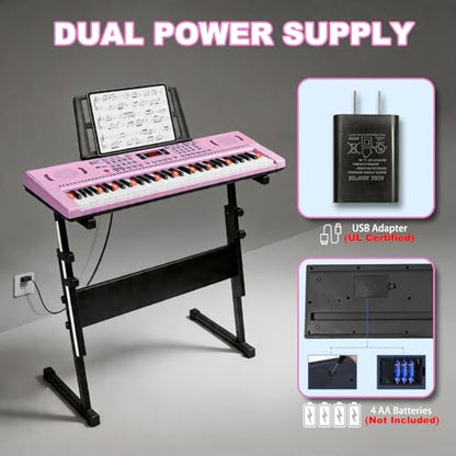 Keyboard Piano 61 Lighted Keys, Electric Keyboard Kit with 100 Voices, 100 Rhythms - Built-In Speaker, Microphone, Sheet Stand and Power Supply, Gift for Children Beginners [Pink, Piano with Stand] - color: Pink