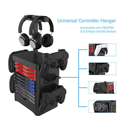 Multifunctional Game Disk Storage Tower Holder,Game Disk Rack and Controller/Headset Stand Holder Compatible with Xbox Series X/Nintendo Switch/PS5/PS4 - color: black