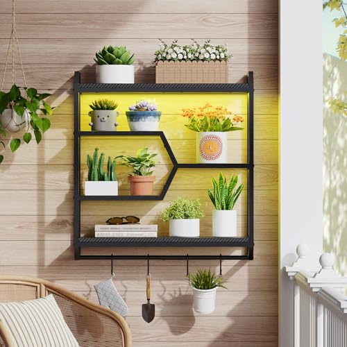 HOOBRO Gaming Floating Shelf with LED Lights, 27.5" LED Wall Mounted Shelf with Hanging Rod & 4 S-Hooks, 4-Tier Hanging Display Rack, for Living Room, Gaming Room, Black BB71DBJ01