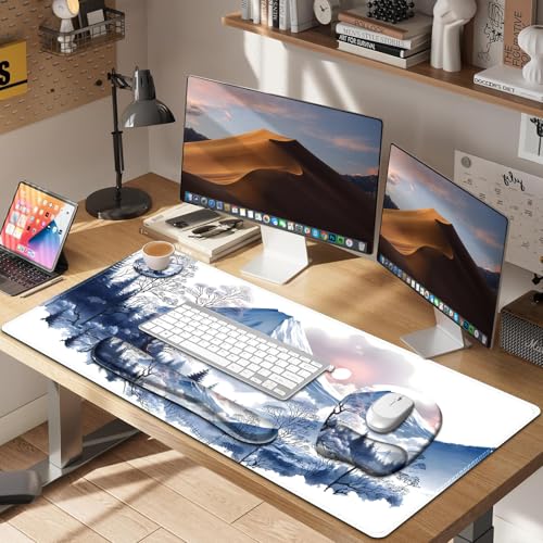 4 in 1 Large Mouse Pad, Keyboard Wrist Rest Set, Ergonomic Mouse Pad with Wrist Support, Desk Mat with Stitched Edges Extended Desk Pad Waterproof Desk Mat for Home Office Game I Snowy Mountain Sun - color: Snowy Mountain Sun