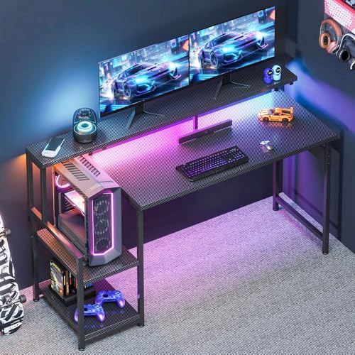 AODK 55 Inch Gaming Desk with LED Lights, Computer Desk with Storage Shelves, Reversible Desk with Monitor Stand, Carbon Fiber Black - color: Carbon Fiber Black, size: 55 Inch