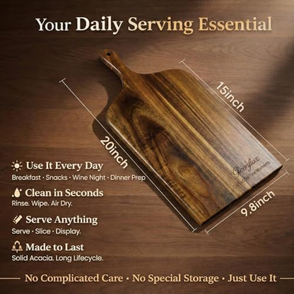Charcuterie Board & Serving Tray with Handle, Large Acacia Wooden Cutting Board and Cheese Board Set for Serving, Appetizers, Entertaining & Housewarming Gift - size: 20 inch
