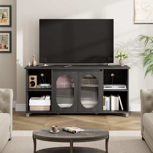 IDEALHOUSE TV Stand for 65" TVs with Fluted Glass Media Console, Black | Media Storage Cabinet, Fluted Glass Doors, Open Display Shelves, Modern Design, Bedroom & Living Room - color: Black