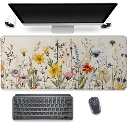 Watercolor Plant Sunflowers Desk Pad Mouse Pad,Floral Prints Extended Large Gaming Mouse Mat with Stitched Edges,Non-Slip Waterproof Rubber Base Mousepad for Office Work Home(27.5X11.8 in) - color: Watercolor Plant Sunflowers