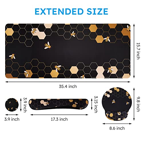 iCasso Desk Mat, Gaming Mouse Pad Wrist Support Set,4in1 XXL Large Mousepad + Keyboard Wrist Rest+Mouse Wrist Rest+Coaster Set with Ergonomic Design for Home Office Table Computer-Honeycomb - color: Honeycomb