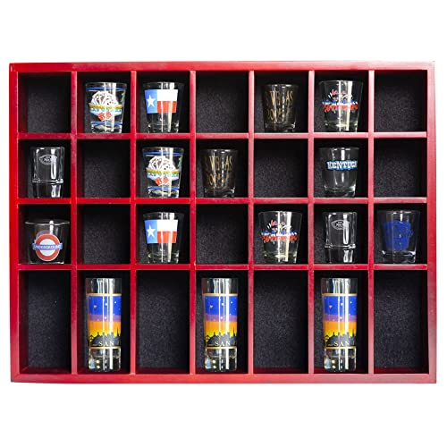 Shot Glass Display Case 18" x13" Solid Wood Wall Mounted Collection Cabinet 28 Slots Small Curio Cabinet Rack (No Door) Mahogany - color: Mahogany