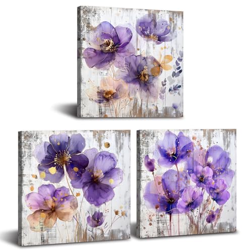 Purple Flower Wall Art Bathroom Decor Vintage Floral Canvas Pictures Watercolor Farmhouse Flowers Prints Nature Botanical Aesthetic Canvas Artwork for Living Room Kitchen Home Decoration 12x12" 3Pcs - color: Purple Flower, size: 12 x 12 in