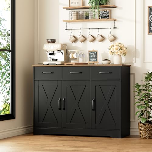 HOSTACK Modern Farmhouse Buffet Sideboard Cabinet, Barn Doors Storage Cabinet with Drawers and Shelves, Wood Coffee Bar with Storage for Dining Room, Kitchen, Living Room, Black/Rustic Brown - color: Black/Rustic Brown
