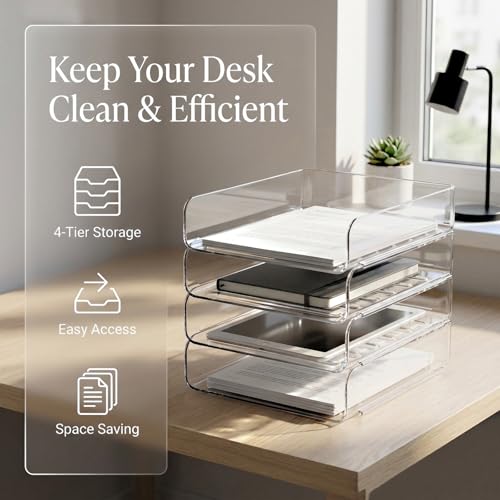 DCA 4 Tier Clear Desk Organizer, Stackable Paper Tray, Acrylic File Holder Paper Organizer for Office, Home, School, Letter & A4 Size - size: Deep 12.4in