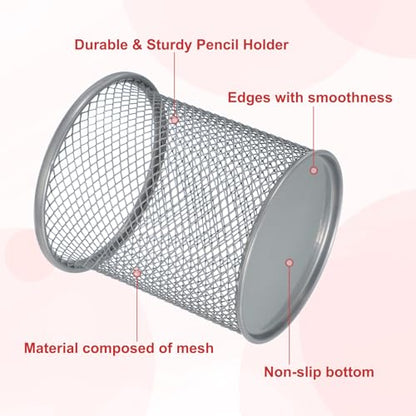 uxcell 2Pcs Mesh Pencil Holder, Metal Pen Cup Desk Organizer Makeup Brush Cup Holder for Home, Office, Classroom(Silver) - color: Silver