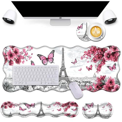 Bxgolkgd Desk Mat Set,Mouse Pad with Keyboard Wrist Rest & Mouse Wrist Rest,Wave-Shaped Design,Non-Slip Rubber Base,Ergonomic Desk Mat for Home,Office,Gaming,Butterfly Eiffel Tower - color: Butterfly Eiffel Tower