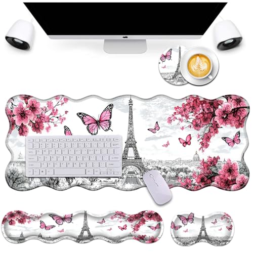 Bxgolkgd Desk Mat Set,Mouse Pad with Keyboard Wrist Rest & Mouse Wrist Rest,Wave-Shaped Design,Non-Slip Rubber Base,Ergonomic Desk Mat for Home,Office,Gaming,Butterfly Eiffel Tower - color: Butterfly Eiffel Tower