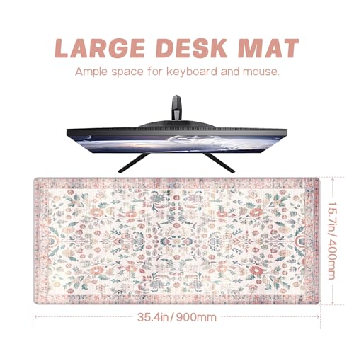 Baziabbo Pink Desk Mat,XXL Extended Large Mouse Pad,Gaming Mousepad with Stitched Edge,Non-Slip Rubber Base Keyboard Desk Pad for Home Office Study Game (Pink Floral-A) - color: Pink Floral-A