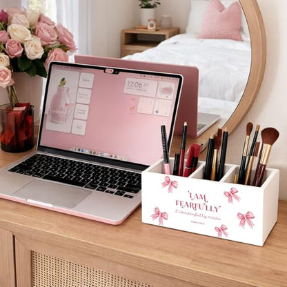 Girls Pink Bow Wooden Desk Organizer | Cute pink bow design; wooden pen and pencil holder keeps study, office, or home desktop supplies organized. - color: Fearfully Made