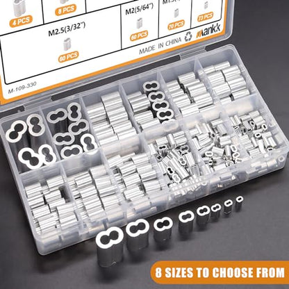 mankk 330Pcs Aluminum Crimping Loop Sleeve 8 Sizes (3/64'' 1/16'' 5/64'' 3/32'' 1/8'' 5/32'' 3/16'' 1/4'') Wire Rope Sleeves Double Cable Ferrules Kit M-109-330PCS - size: 330PCS