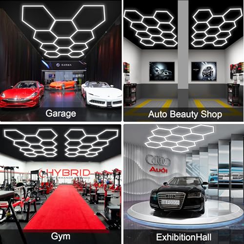 MODERN Hexagon Garage Light: Higher Brightness 720W 86400 Lumens Hexagon Led Garage Light with Rectangle Frame 6500K for Garage, Basement, Warehouse, Auto Beauty Shop, Car Detailing Shop etc. … - size: 14 HEX with Border