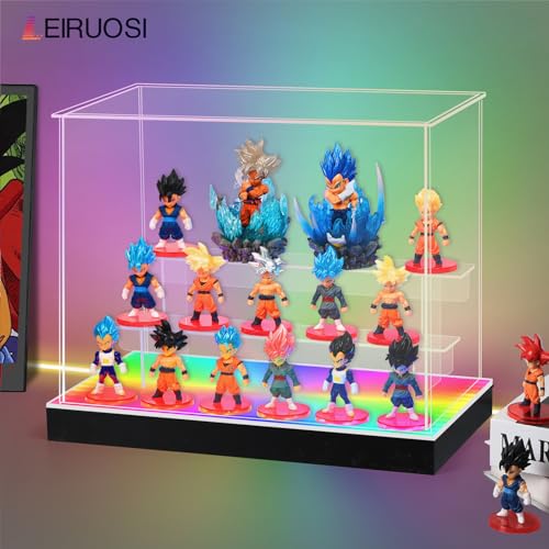 Acrylic Display Case with RGBW LED Light, 3 Tier Clear Display Box, Dustproof Display Cabinet Shelf for Action Figures and Collectibles, Mini Toys, Assembly Showcase (11.81x6.3x10.63in) - size: 3 Tier 11.81x6.3x10.63in