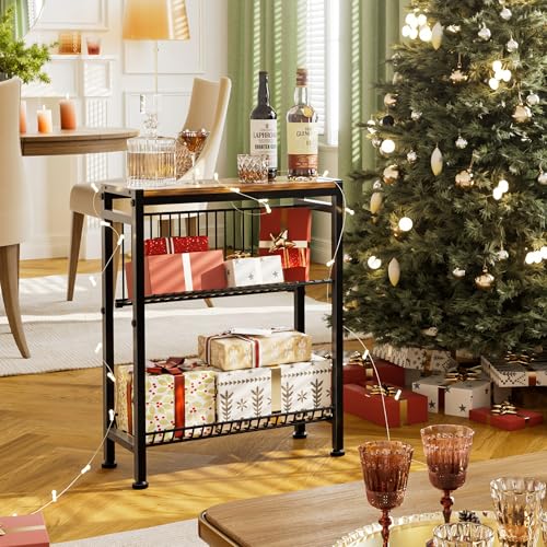 Narrow Side Table for Small Space, 3-Tier End Table with Magazine Holder,Slim Nightstand with Wire Shelf, Skinny Bedside Table in Living Room, Bedroom, Study, kitchen and Balcony (Rustic Brown) - color: Upgrade-rustic Brown