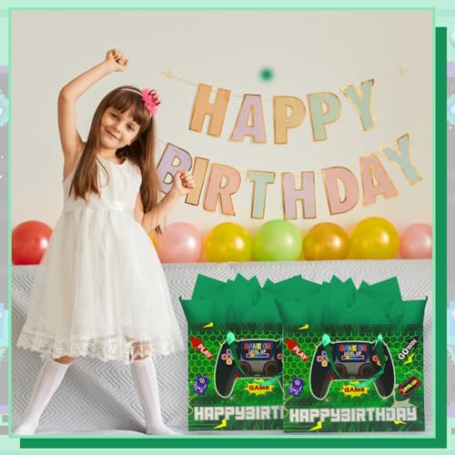 Woohookaka Gamer Birthday Gift Bags 13" Large - Controller Game Theme Party Supplies with Handle, Tissue Paper & Card for Boys Girls - color: Game