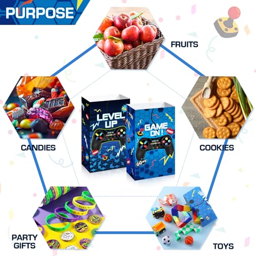 Geosar 30 Pack Video Game Party Favor Paper Bags Game on Goodie Candy Gift Bags with 30 Stickers Level up Reusable Goodie Treat Snacks Supplies for Boys Kids Gaming Birthday Party(Blue) - color: Blue