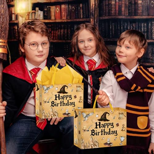 Hooqict Magical Wizard Gift Bag Happy Birthday Gift Wrapping Bag with Handles, Tissue Paper and Greeting Cards for Kids Girls Boys Wizard Birthday Party Supplies Halloween Party Favors - color: Magical Wizard