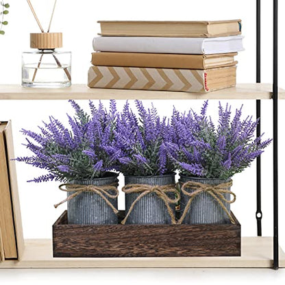 Set of 3 Small Potted Plants Arrangement Artificial Lavender Flower Plants in Rustic Galvanized Metal Pots with Decorative Wood Tray for Farmhouse Table Centerpiece Windowsill Country Indoor Decor