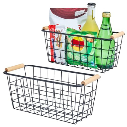 Black Metal Hanging Baskets with Handle, Wire Wall Storage Organizer with Hooks, Adhesive baskets for Kitchen, Bathroom, Pantry,Spice Rack, Cabinet Organizer, Shower Caddy 2-Pack - size: 2 Pack
