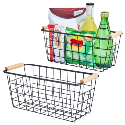 Black Metal Hanging Baskets with Handle, Wire Wall Storage Organizer with Hooks, Adhesive baskets for Kitchen, Bathroom, Pantry,Spice Rack, Cabinet Organizer, Shower Caddy 2-Pack - size: 2 Pack