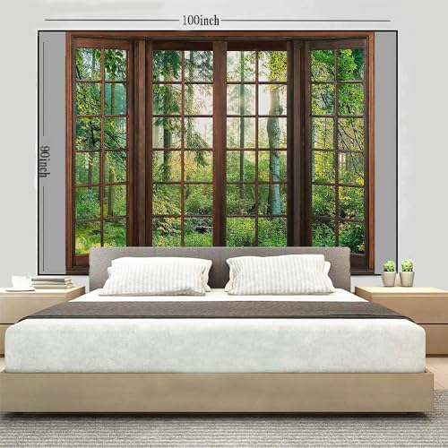 Aidatain Green Forest Natural Tapestry Window Scenery Wall Aesthetic Tapestry for Bedroom Flannel 100" L x 90" W Beach Blanket Living Dinning Room College Dorm Wall Hanging GTDJAT0094 - size: 100"L x 90"W