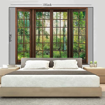Aidatain Green Forest Natural Tapestry Window Scenery Wall Aesthetic Tapestry for Bedroom Flannel 100" L x 90" W Beach Blanket Living Dinning Room College Dorm Wall Hanging GTDJAT0094 - size: 100"L x 90"W