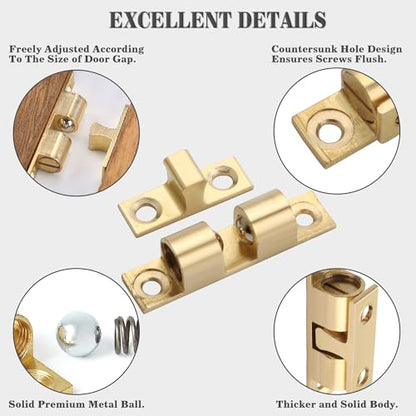 Alise Double Roller Catch Cabinet Latches,Adjustable Double Ball Tension Roller Catch Latch Brass Cabinet Door Latch,67mm Solid Brass Cabinet Latches and Catches,Pack of 4 - color: Gold, size: 67mmX40mm