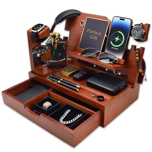 Nightstand Organizer for Men with Large Drawer, Wood Phone Docking Station for Phone, Apple Watch, Wallet & Keys, Ideal Birthday Gift for Father Husband, Bedside Desk Organizer (Walnut) - color: walnut