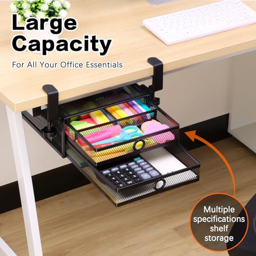 ROSYLINE Under Desk & Desktop Drawer Organizer, 2-Tier Big Capacity (Black) | Steel Construction, Clip-On No Drill Installation, Fits A4 Paper, for Office & Household Supplies - color: Black-2-Tier